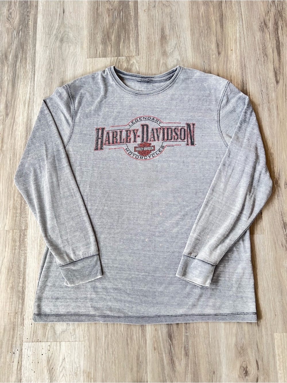 Vintage Harley-Davidson Grey Waffle-Knit Thermal Long-Sleeve